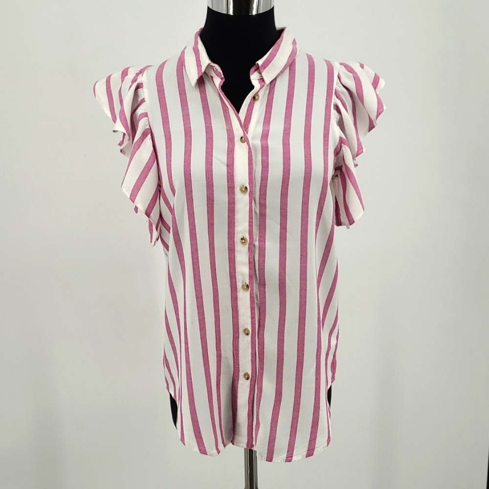 Maeve‎ by Anthropologie Pink/White Stripe Top w/ Ruffle Sleeve Size XSmall